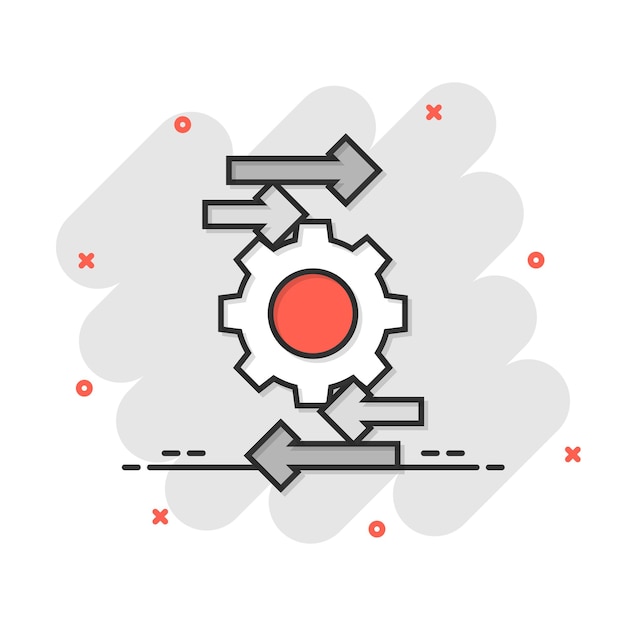 Вектор Иконка процесса в комическом стиле стрелка и шестеренка мультяшный вектор иллюстрации на белом изолированном фоне оптимизация бизнес-концепции эффекта всплеска