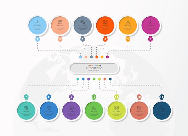 Process infographic with 13 steps, process or options.