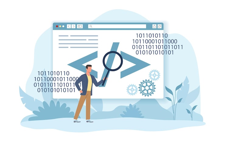Vector process of learning it programming in binary code understanding of computer language computational system or technology software development or coding vector cartoon flat concept