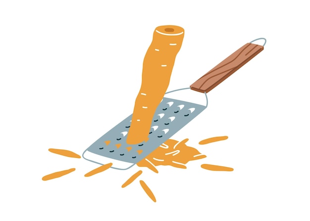 Процесс натирания свежей сырой моркови металлической острой ручной теркой. подготовка растительного ингредиента для приготовления пищи. плоская векторная иллюстрация стального кухонного инструмента на белом фоне.