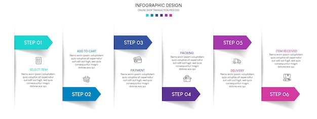 Processo di acquisto online con 6 passaggi. passaggi business timeline processo presentazione infografica te