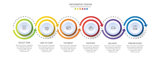6단계의 온라인 쇼핑 프로세스입니다. 단계 비즈니스 타임 라인 프로세스 infographic 템플릿