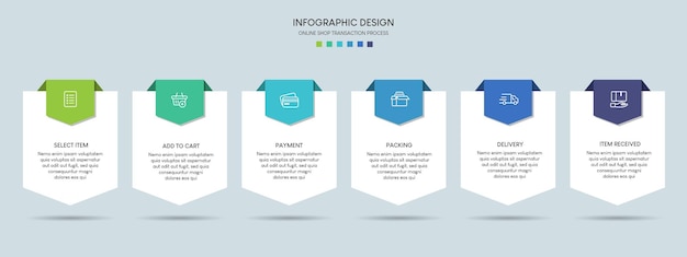 Processo di acquisto online con 6 passaggi. modello di infografica del processo di sequenza temporale aziendale di passaggi