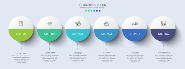 Processo di acquisto online con 6 passaggi. modello di infografica del processo di sequenza temporale aziendale di passaggi