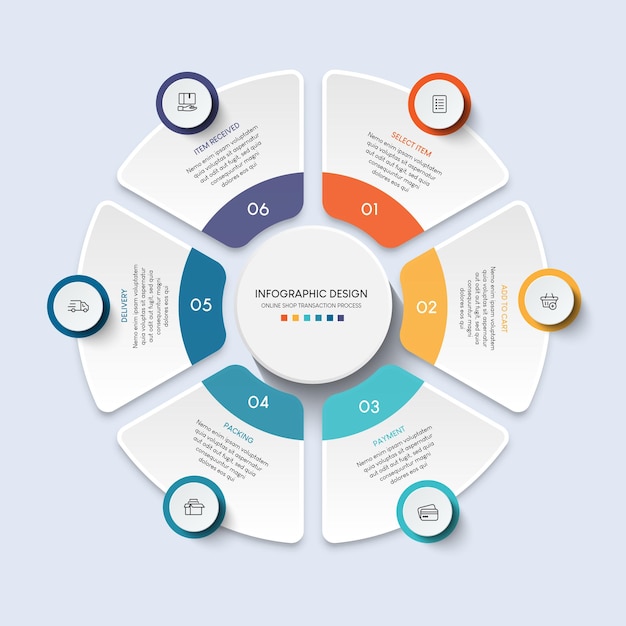 Processo di acquisto online con 6 passaggi. modello di infografica del processo di sequenza temporale aziendale di passaggi