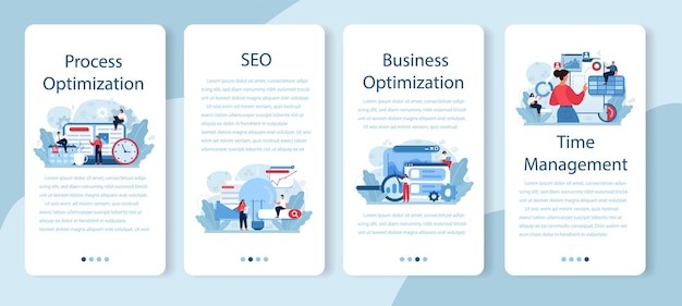 Process optimization mobile application banner set. idea of business improvement and development. business people schedule or project planning. effective team work.