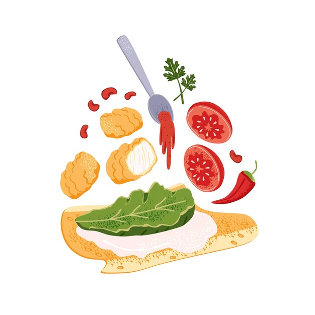 チリ・ペッパーでスパイシー・ドナー・ケバブ・バリトを調理する方法 (Flat Isolated Vector Illustration on White)