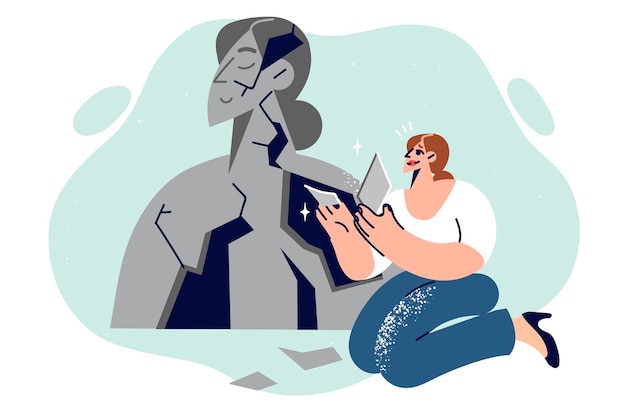 process of restoring mental health in woman who assembles own portrait from broken pieces