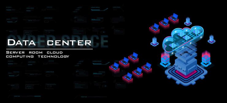 Vector process of work server processing center and data calculation through web hosting data center and cloud computing isometric concept