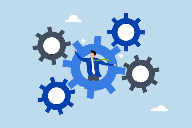 Process and workflow optimization businessman on gear cogwheels optimize process