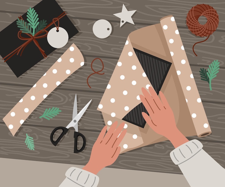 Vector the process of wrapping christmas gifts. wrapping paper, scissors in flat style.