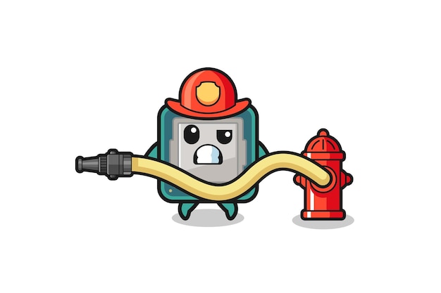 Processor cartoon as firefighter mascot with water hose