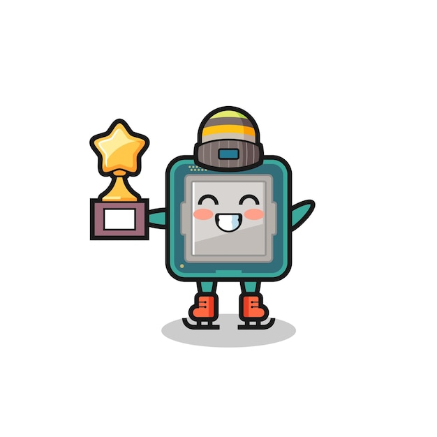 Processor cartoon as an ice skating player hold winner trophy , cute style design for t shirt, sticker, logo element
