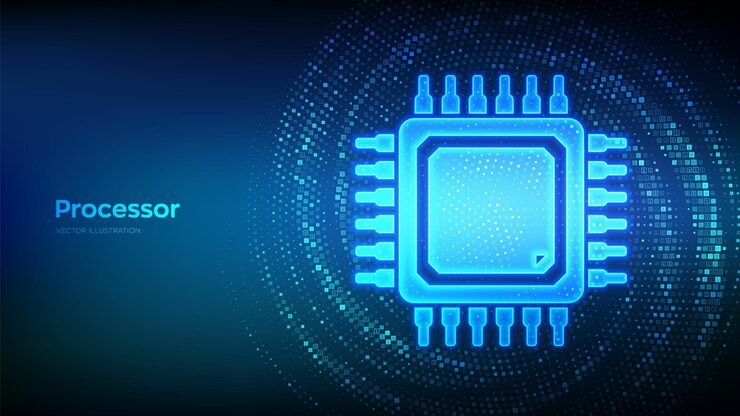Vector processor cpu microprocessor or chip icon made with binary code computer chip ai chipset virtual tunnel warp made with digital code data flow vector illustration