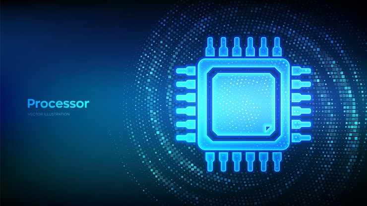 Vector 프로세서 cpu 이진 코드로 만든 마이크로프로세서 또는 칩 아이콘 컴퓨터 칩 ai 칩셋 디지털 코드로 만든 가상 터널 워프 데이터 흐름 벡터 그림
