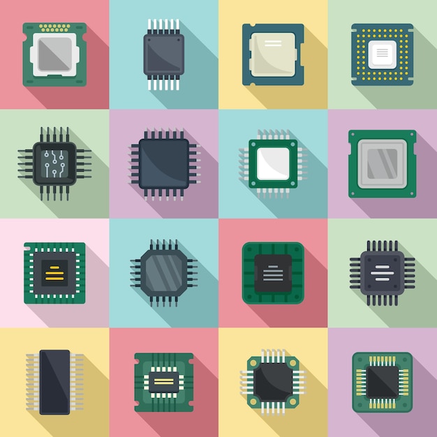 Processor icons set flat vector. Central computer card