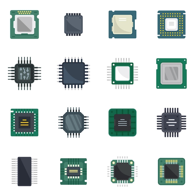 Vector processor icons set flat vector central computer card