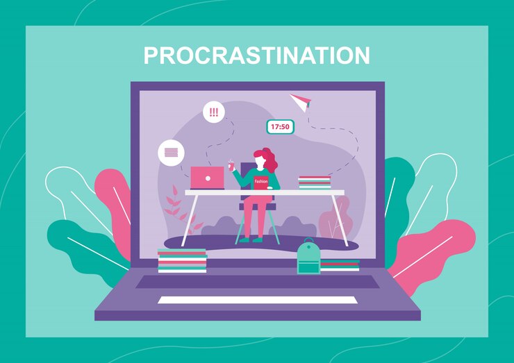 Vector procrastinating woman on laptop screen