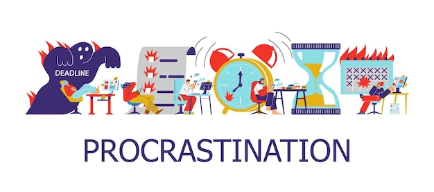 Procrastination banner people break deadlines and are lazy to work flat vector illustration on white background