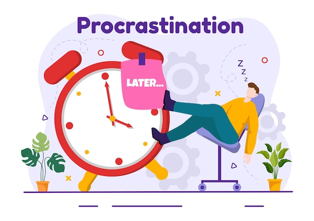 Vettore procrastinazione illustrazione con procrastinante pigro uomo d'affari dipendenti lavoro di ufficio