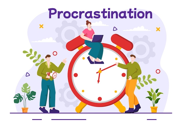 Vector procrastination illustration with procrastinating lazy businessman employees work of office worker