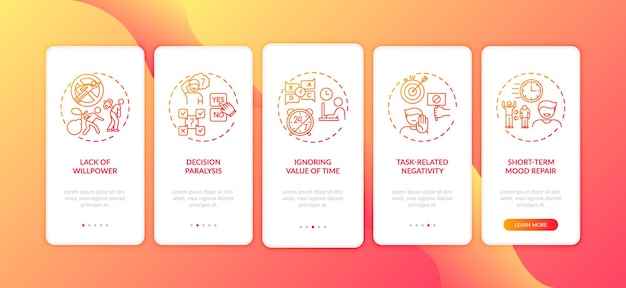 Procrastination reasons onboarding mobile app page screen with concepts illustration