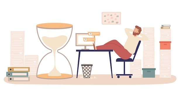 Procrastination at work place lazy worker in office Vector business procrastination by character illustration of person in office lazy