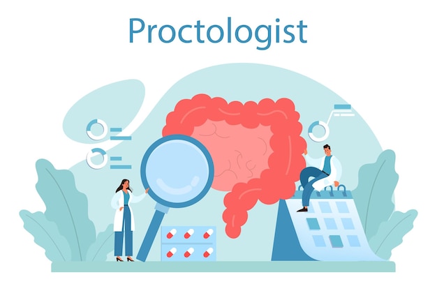 Proctologist concept doctor examine intestine idea of health and medical treatment diagnostic consultation isolated vector illustration in cartoon style