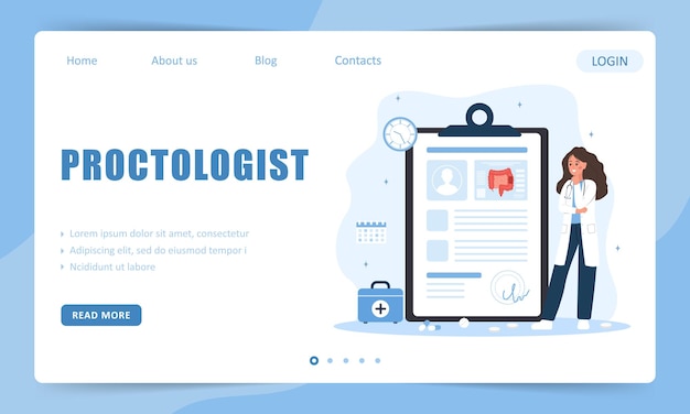 Vettore proctologist concept landing page template la dottoressa fa la diagnosi e sceglie i metodi di trattamento