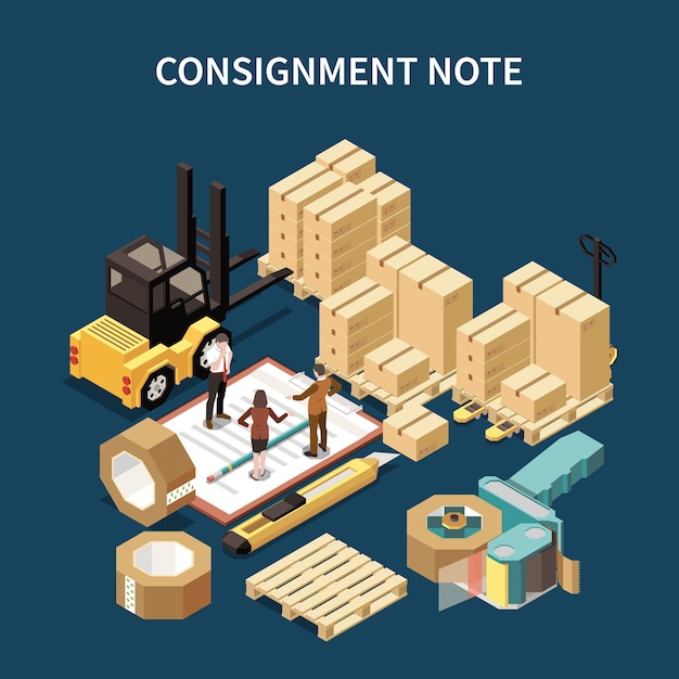 Procurement officer supplier chain manager and carrier standing on consignment note near purchased goods isometric illustration