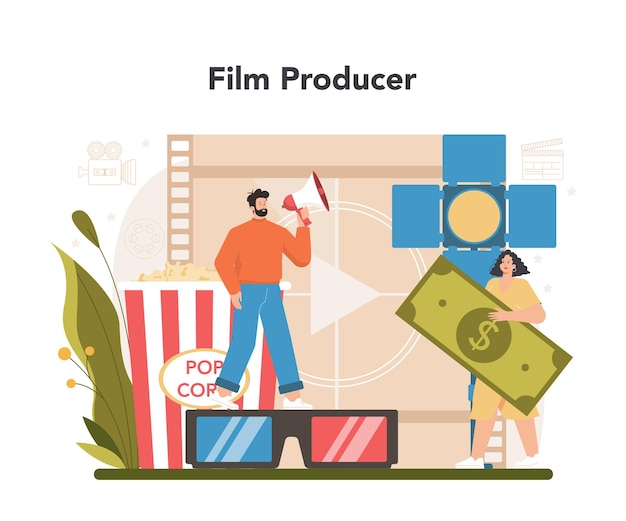 Producentconcept filmproductie-entertainmentindustrie kunstenaar die media maakt met een studioapparatuur idee van creatief beroep platte vectorillustratie