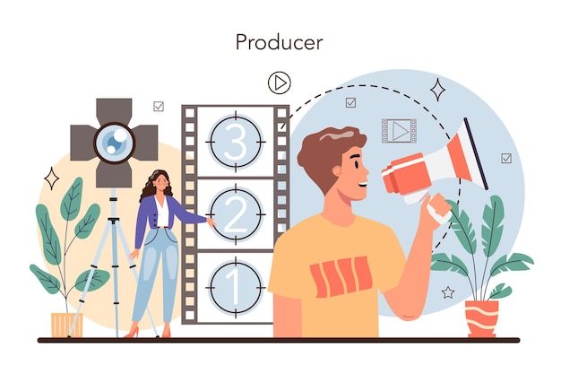 Producer concept Film and music production entertainment industry Artist creating media with a studio equipment Idea of creative profession Flat vector illustration