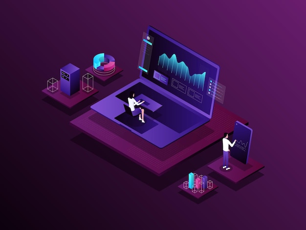 Product analytics Isometric Illustration Dark Gradient Suitable for Mobile App Website Banner Diagrams Presentation and Other Graphic Assets