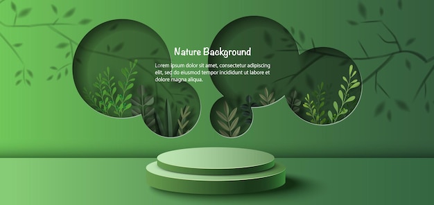 Vector product banner and podium platform with geometric shapes and nature background