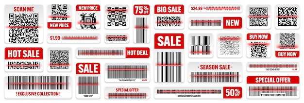 Product barcodes en qr-codes met rode scanning lijn verkoop stickers korting label of promotie