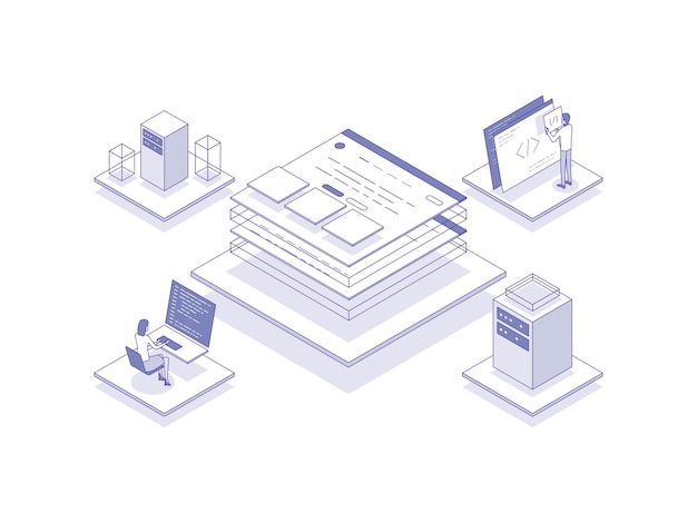 Vettore sviluppo del prodotto illustrazione isometrica colore lineare adatto per la presentazione dei diagrammi dei banner del sito web dell'app mobile e altre risorse grafiche