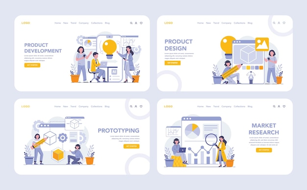 Product development web or landing page set from concept to launch a vibrant depiction of innovation