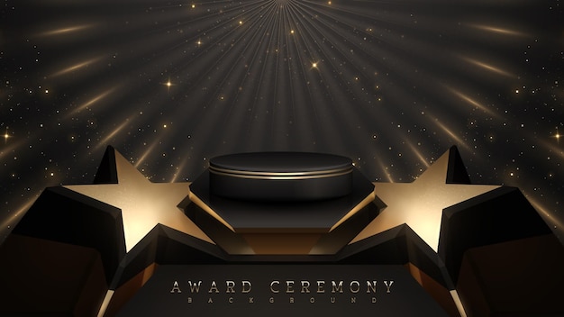 Подиум для демонстрации продуктов и 3d золотая звезда на черном роскошном фоне со световыми эффектами украшения Концепция сцены церемонии награждения