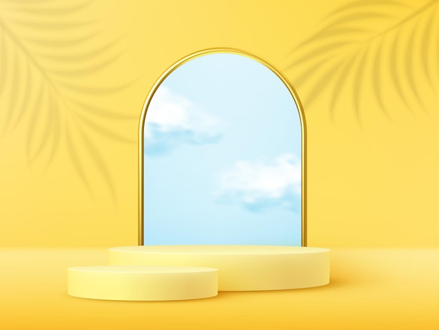 Product display podium decorated realistic cloud and gold arch frame wuth overlay palm leaves shadow on yellow pastel background