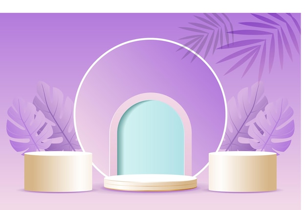 Product display podium decorated with leaves on Purple blue 3d illustration