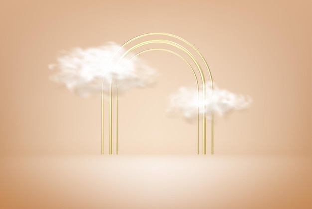 Подиум для демонстрации продукции украшен реалистичным облаком в стеклянной арочной рамке на светло-бежевом пастельном фоне. Векторная иллюстрация 3D эффект