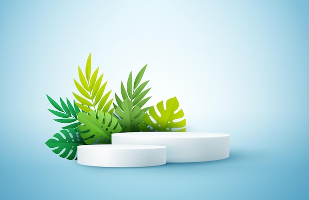 Vector product display podium decorated with tropical palm leaves