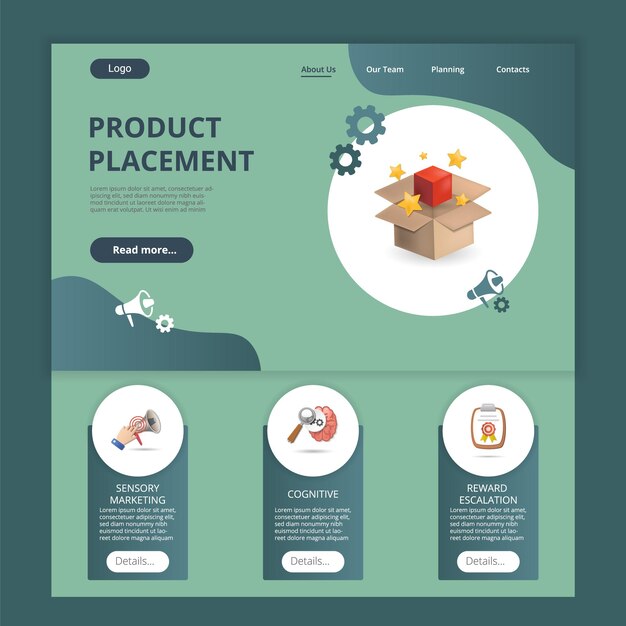 Product placement flat landing page website template sensory