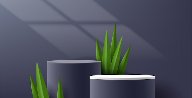 Vector product placement podium 3d cylinders in green and black colors with eco palm leaves realistic render style product placement