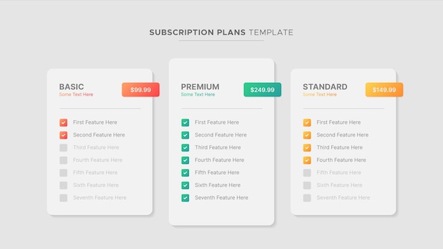 Vettore piano di prodotto offerta prezzo pacchetto opzioni di abbonamento tabella di confronto grafico modello infografico