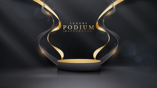 Product podium and golden ribbon elements with lighting bokeh decoration