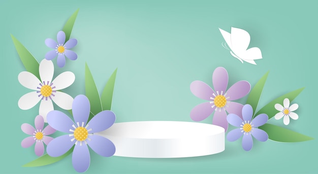 Product podium with flowers leaves and butterfly paper cut on light green background for template