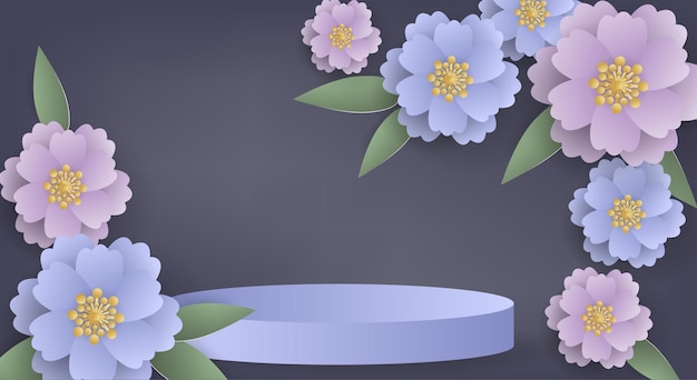 テンプレートの濃い灰色の背景にカットされた葉の紙と花と製品の表彰台