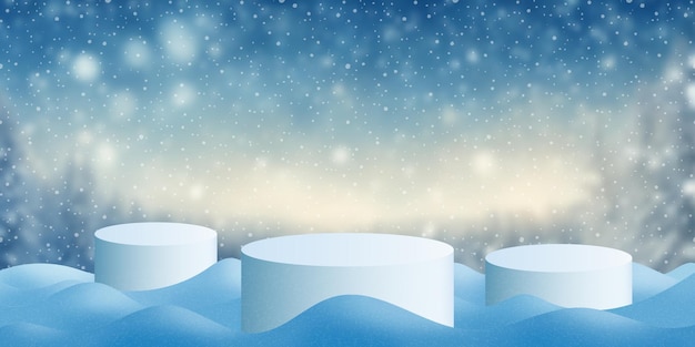 Product podiums in a snowdrift against the backdrop of the winter landscape Christmas