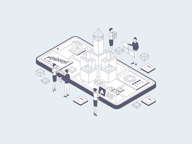 Vector product release isometric illustration lineal grey. suitable for mobile app, website, banner, diagrams, infographics, and other graphic assets.